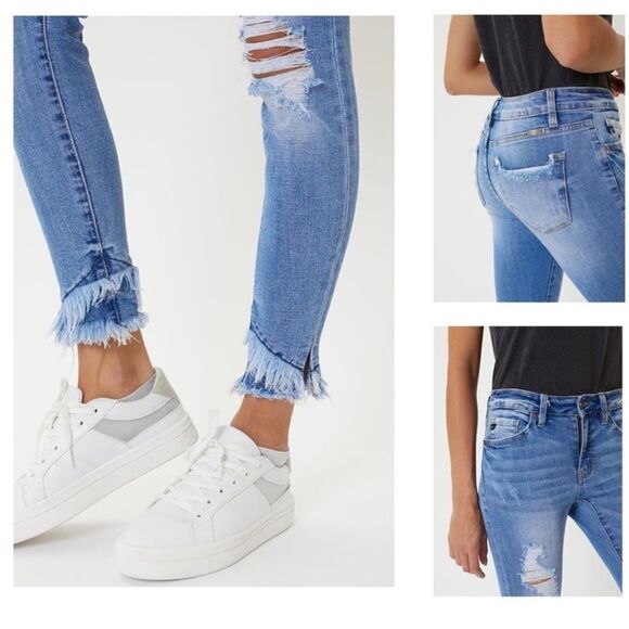 KANCAN DESTROYED DOUBLE FRAYED HEM DENIM SKINNY JEANS - Picture 5 of 16